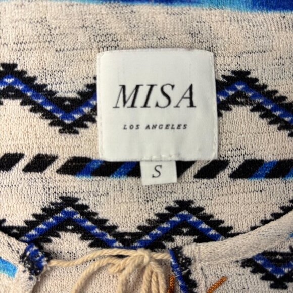 MISA Pullover Top Womens Small Off White Blue Tassel Balloon Sleeve Stretch - Picture 3 of 4